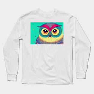 Colorful Owl Portrait Illustration - Bright Vibrant Colors Bohemian Style Feathers Psychedelic Bird Animal Rainbow Colored Art Long Sleeve T-Shirt